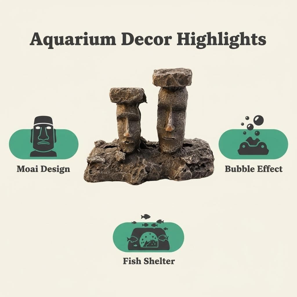 Alaviitsi Moai Statue Aquarium Air Stone Bubbler, Easter Island Resin Ornament, Fish Tank Oxygen Decor for Freshwater & Saltwater Tanks