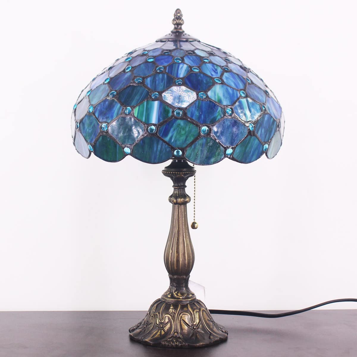ZJART Tiffany Table Lamp Stained Glass 12X12X19 Inch Sea Blue Pear