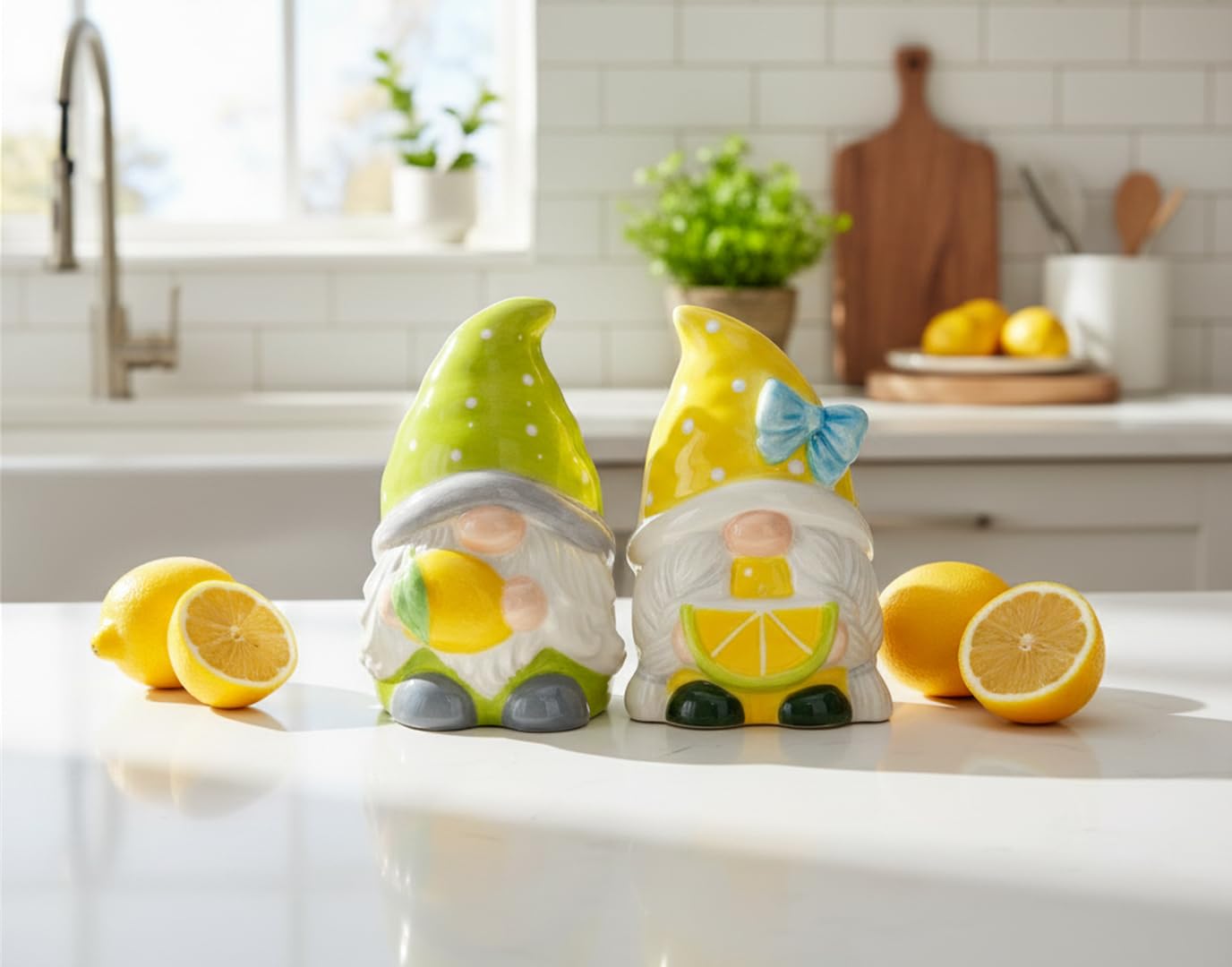 Fine Ceramic Summer Lemon Lime Cool Gnome Couple Salt & Pepper Shakers Set, 3-5/8" H