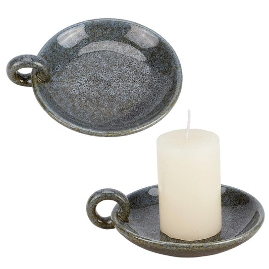 OLYCRAFT 2pcs Vintage Ceramic Candle Holders with Handle 4.8x5.6 Inch Haze Blue Ceramic Candle Plate Holder Vintage Style Round Porcelain Candle Plate Decorative Candlestick Holder