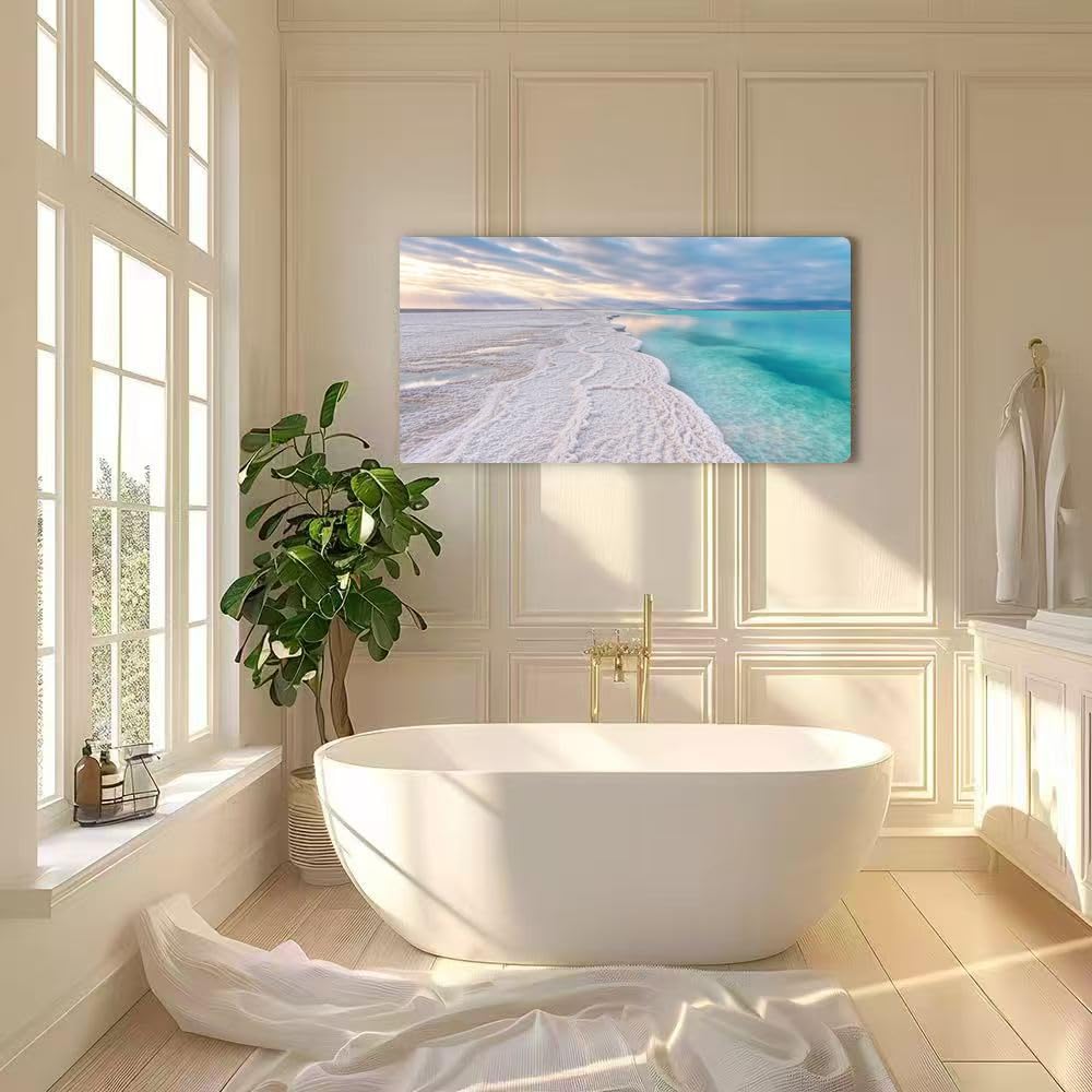 Wibinuki Canvas Wall Art Morning scenery white salt crystals beach clear wer near typical for Living Room Bedroom Bathroom Home Decor Ready to Hang 24"x12"