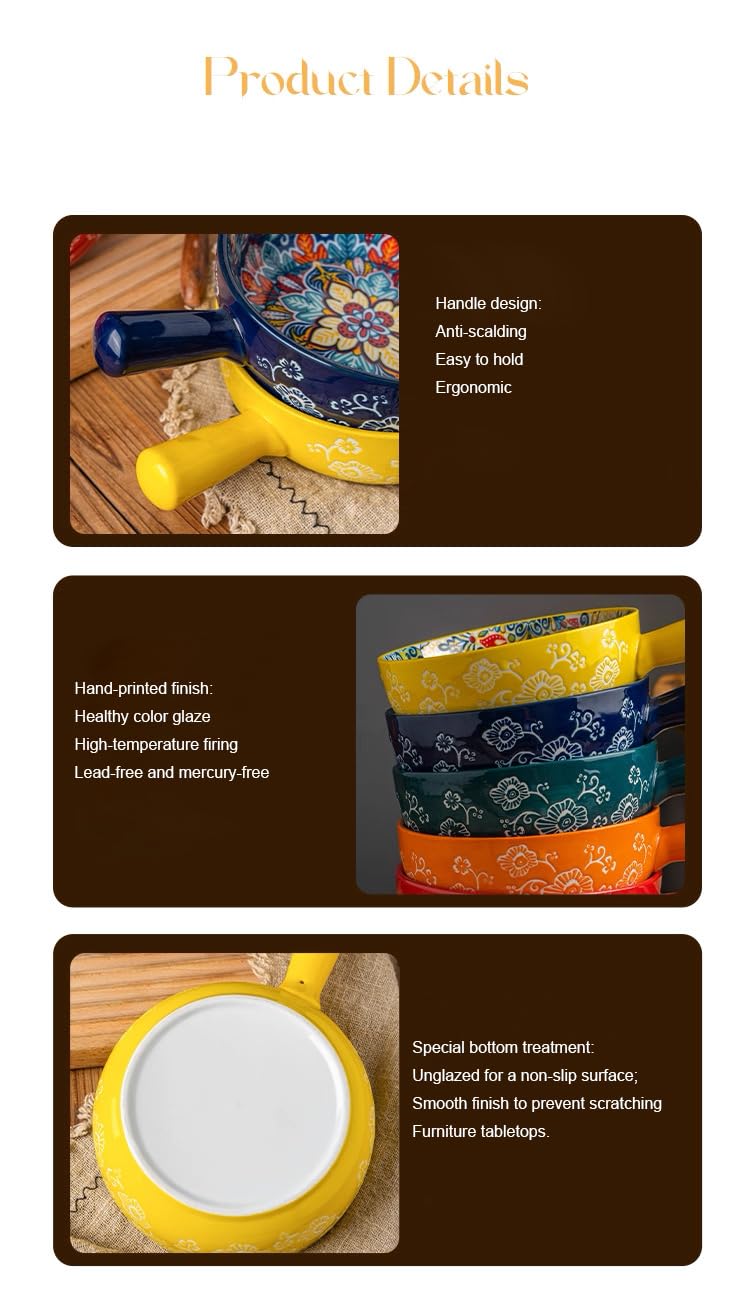 JINNTHE 1PC Ceramic Soup Bowl with Handle – 23oz, 9 Inches Bowl Handmade Shallow Bowl Colorful Floral Microwave & Dishwasher Safe Pasta/Salad Dish Bohemian Style Navy Blue