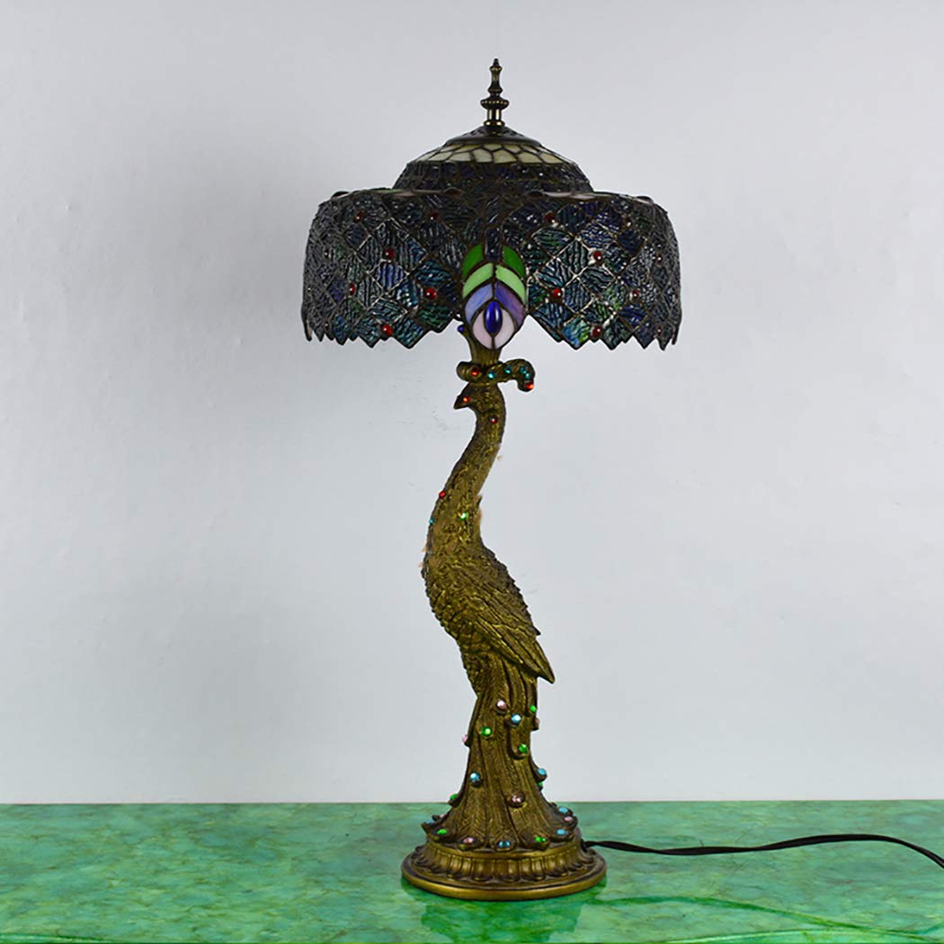 errzom Peacock Table Lamp Tiffany Table Light Fixtures Desktop Lamp with Retro Resin Peacock Base Stained Glass Peacock Shade for Living Room Bedroom Computer Desk Decoration Lights