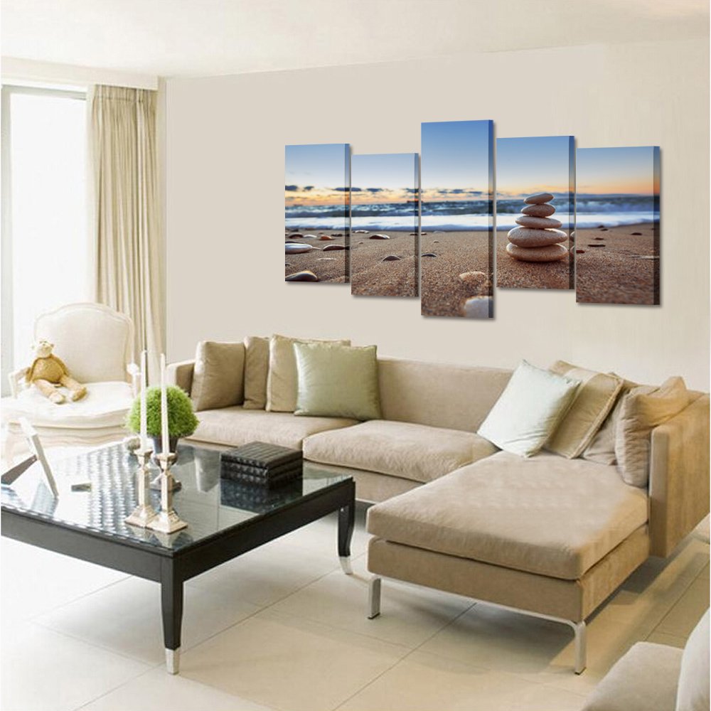 KREATIVE ARTS - 5 Pieces Canvas Prints Wall Art Zen Stones Balance Pebbles Stack on Beach Modern Wall Decor Stretched Gallery Canvas Wrap Giclee Print Ready to Hang (Large Size 60x32inch)