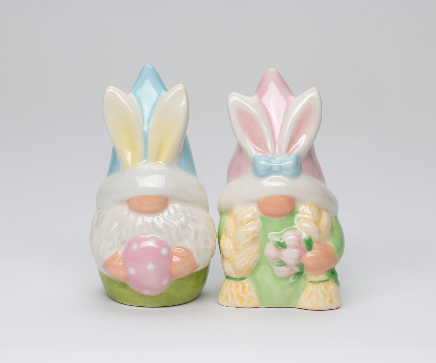 Fine Ceramic Spring Easter Gnome Bunny Rabbit Salt & Pepper Shakers Set, 3-7/8"
