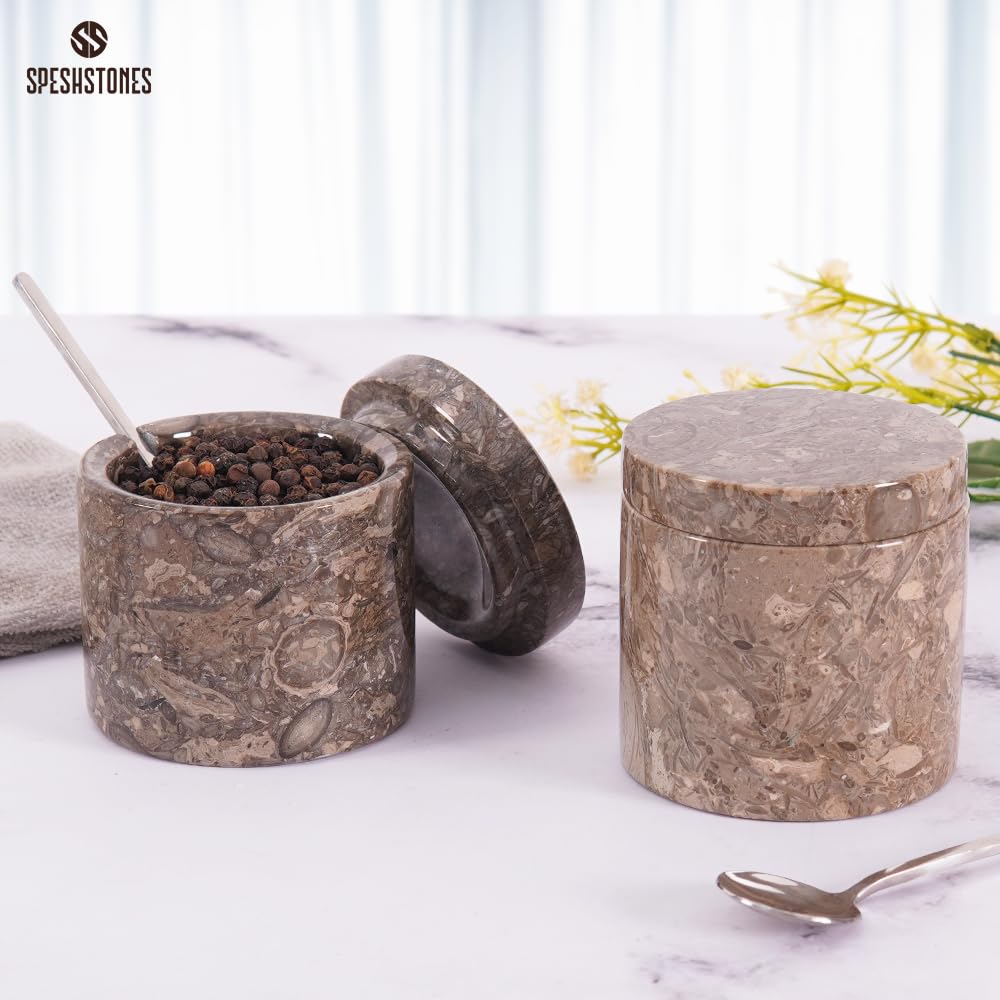 SPESHSTONES Marble Salt Cellar Set of 2 Handmade Stone Salt and Pepper Containers with Lid and Spoon - Marble Salt Box & Spice Jars, Sugar Bowl, 5.2 Oz Salt Holder for Countertop and Table