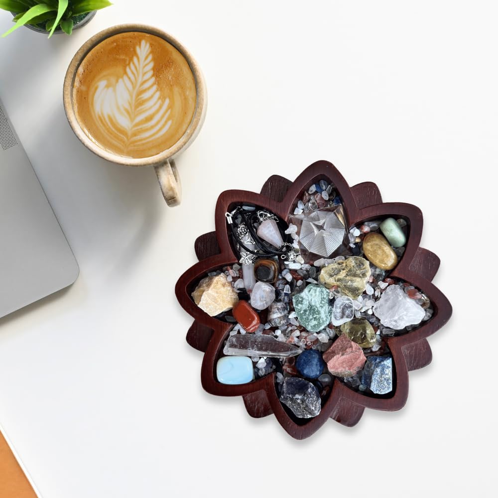 Wooden Lotus Crystal Tray for Stones - Display Your Crystals & Healing Stones - Crystal Holder for Rock Display - Crystal Organizer Bowl for Jewelry (7.87" x 7.87" x .98'') (Acacia Wood)