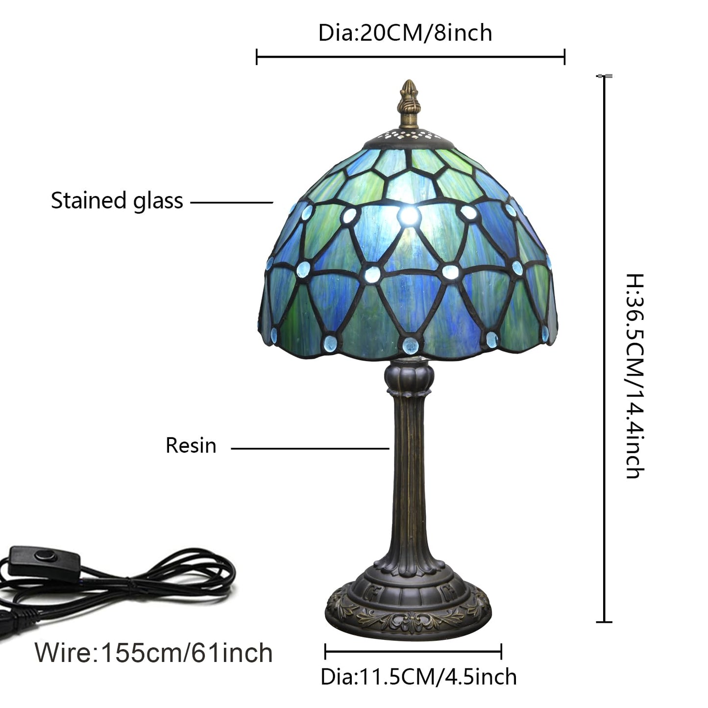 KIPHEPI Tiffany Lamp Stained Glass Table Lamp 8X8X14 Inches Sea Blue Style Living Room Bedroom Dorm Kitchen Home Decor Festival Birthday Gift