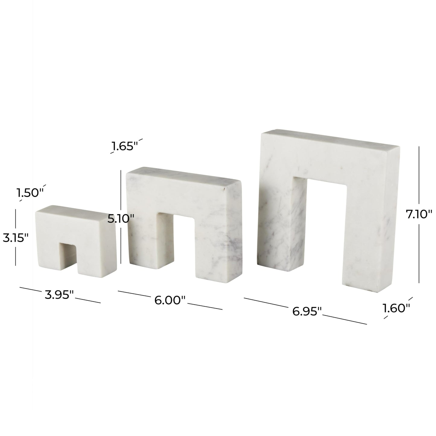 Deco 79 Marble Abstract Decorative Sculpture Square Arch Home Decor Statues with Varying Sizes, Set of 3 Accent Figurines 7",5",3" H, White