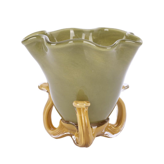 Hand Blown Glass Vase - Unique Ruffled Rim Vase with Decorative Base, Colored Flower Vase for Centerpieces & Home Decor Kitchen, Bedroom, Office, Living Room, Bathroom (Green)