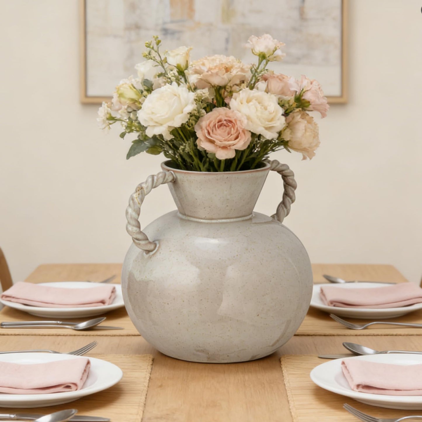 Teecyhooo Rustic Home Decor Vase 9.25 Inch Beige Stoneware Flower Vase with 2 Twisted Handles for Table Centerpiece Mantel Ornaments Decoration