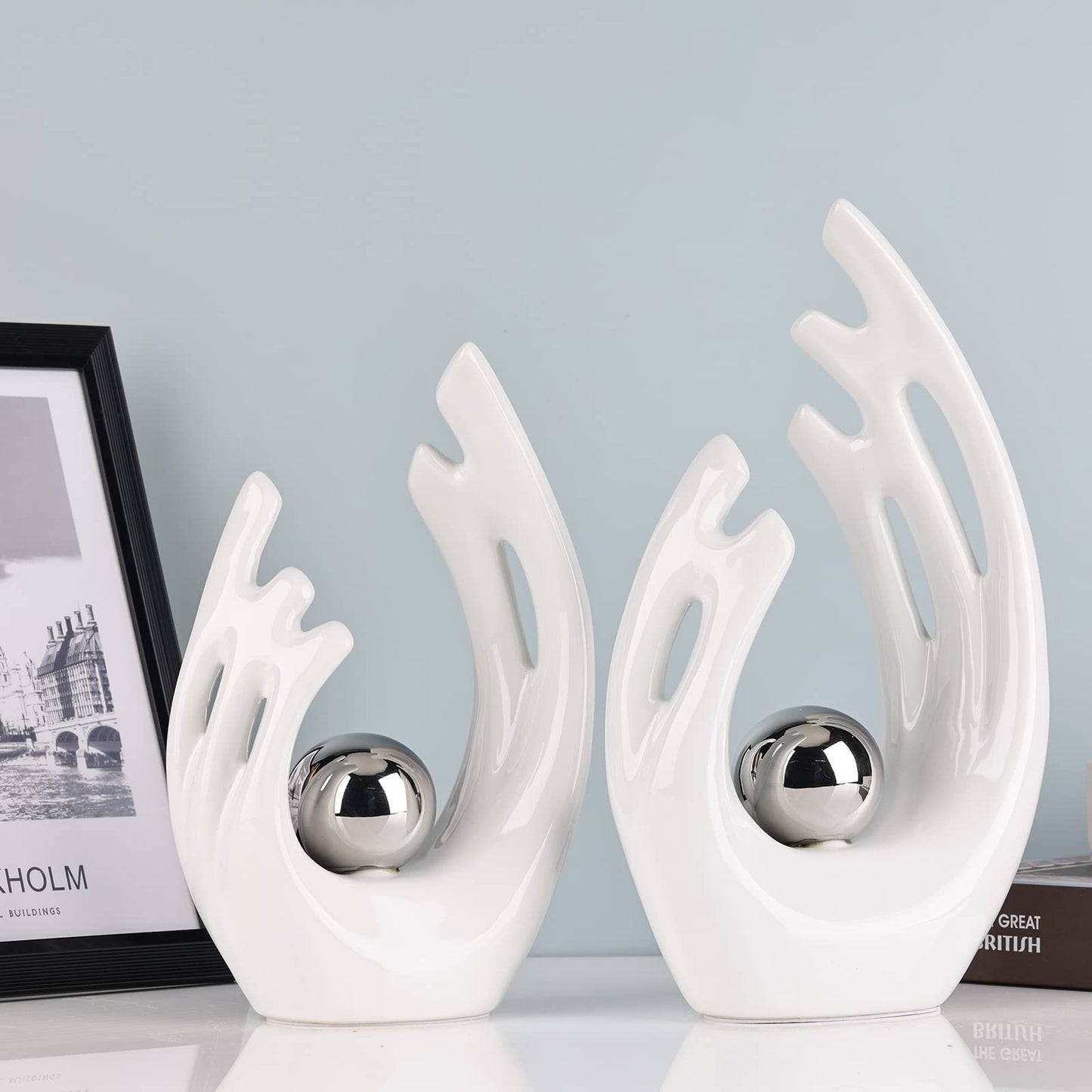 XMGZQ White Ceramic Abstract Statues and Sculptures,White and Sliver Art Ceramic Statues,Modern Home Decor for Living Room,Dining Table, Coffee Table,Shelf, Entrance,Home Desktop Sculpture Home Decor