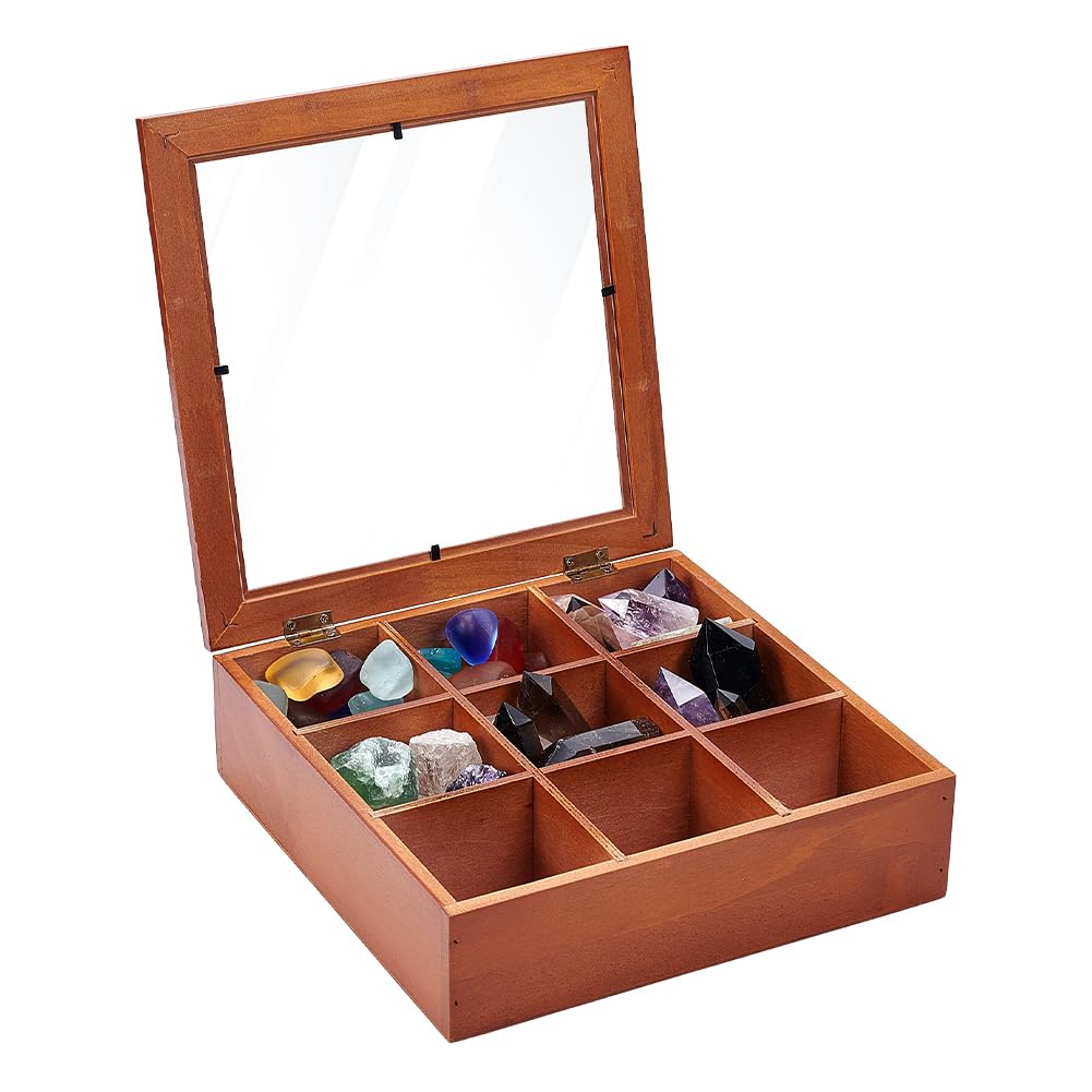 UNICRAFTALE 9-Grid Wooden Rock Display Box Wood Specimen Case 72mm Compartment Brown Crystal Storage Stone Collection Holder for Minerals Trinkets Jewelry Organizer 9.45x9.45x2.78 Inch