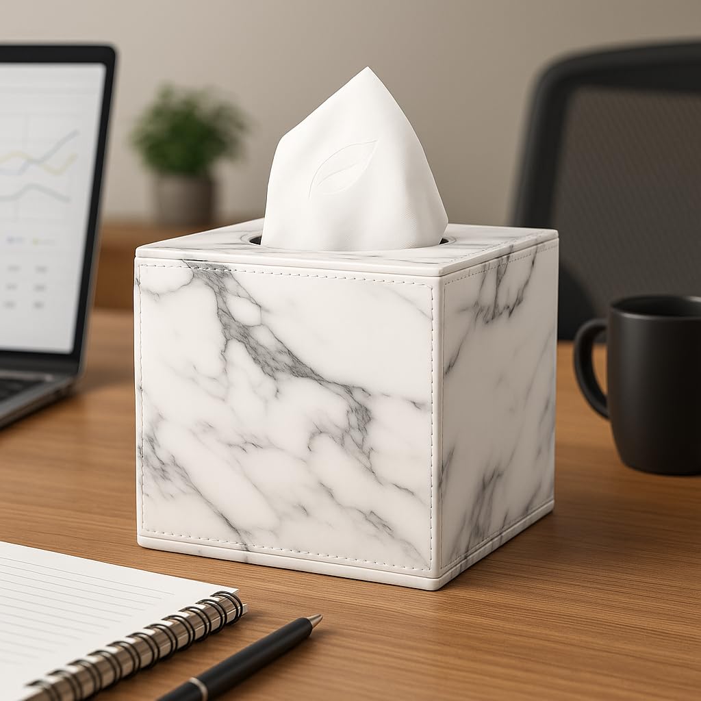 Luxury PU Leather Tissue Box Cover for Kleenex– Marble White Stylish Cube Dispenser for Home, Office, Car, Hotel – Square Tissue Holder with Magnetic Bottom