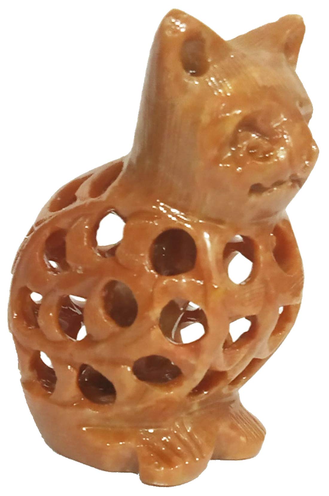 Purpledip Soapstone Statue Nested Cats: Lattice Design Jaali Work Mesh Sculpture (12137)