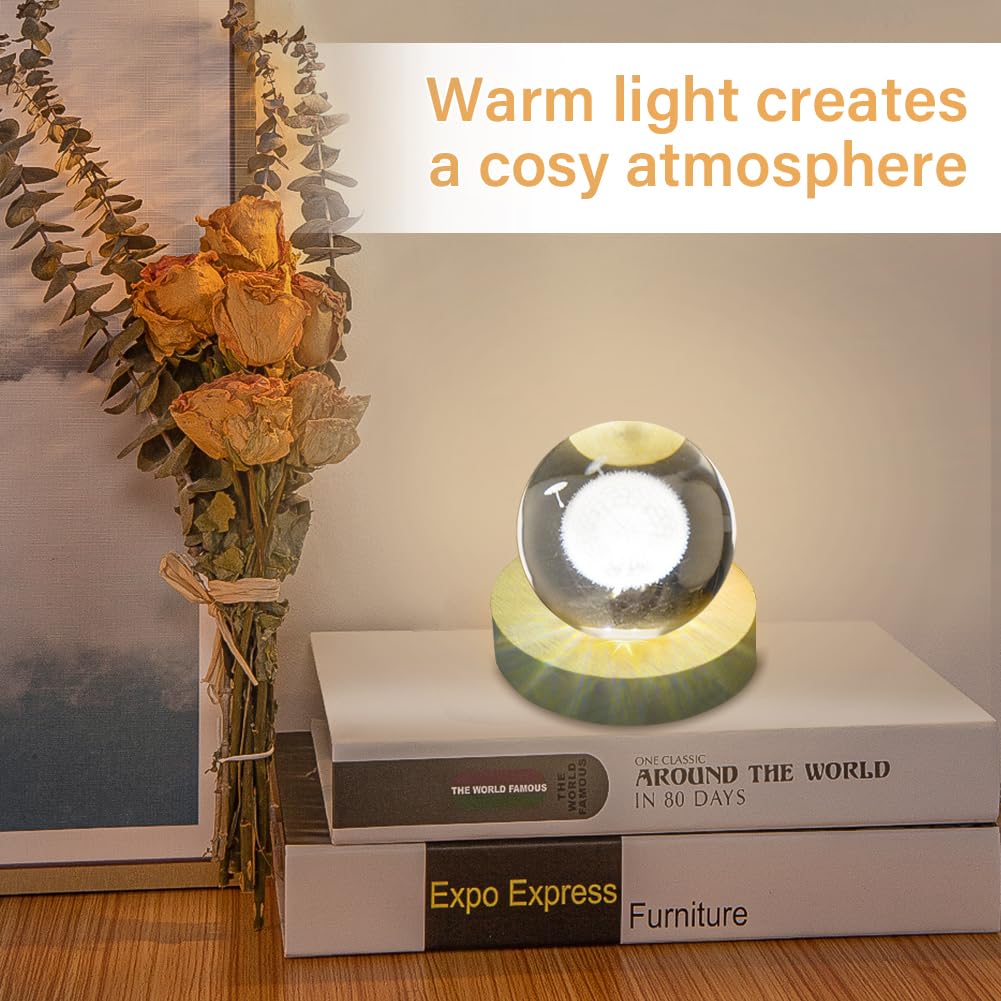 Quivorant 4pack LED Light Base, Round & Square Crystal Display Base for Glass Art/Acrylic, 3D Crystal Ball Wooden Lights Display, Warm Light Resin Art Pedestal Plate(3.2inch)