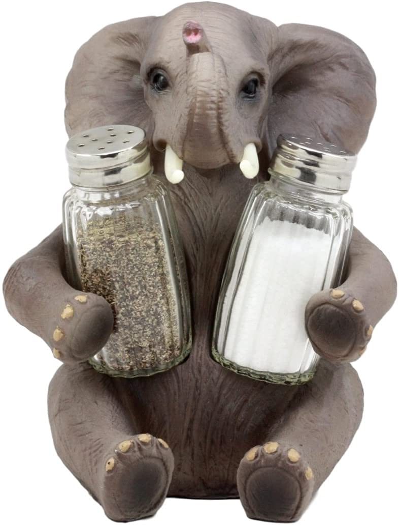 Ebros Gift Safari African Bush Elephant Decorative Glass Salt & Pepper Shakers Holder Figurine Decor 7"H Elephants Kitchen Bar Dining Accent