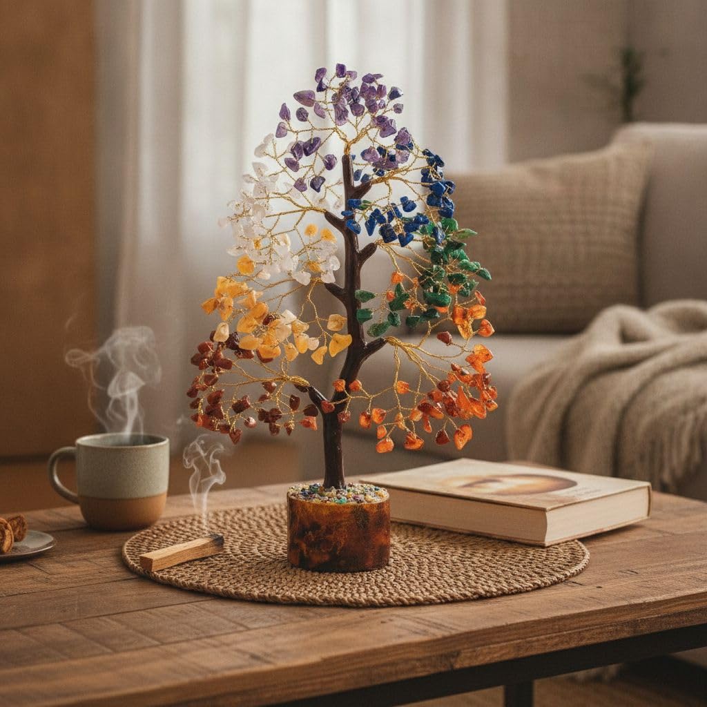 SoulRoot 7 Chakra Crystal Tree of Life, 300 Bead Gemstone Money Tree, Handmade Feng Shui Crystal Tree for Home Decor, Positive Energy, Wealth and Prosperity