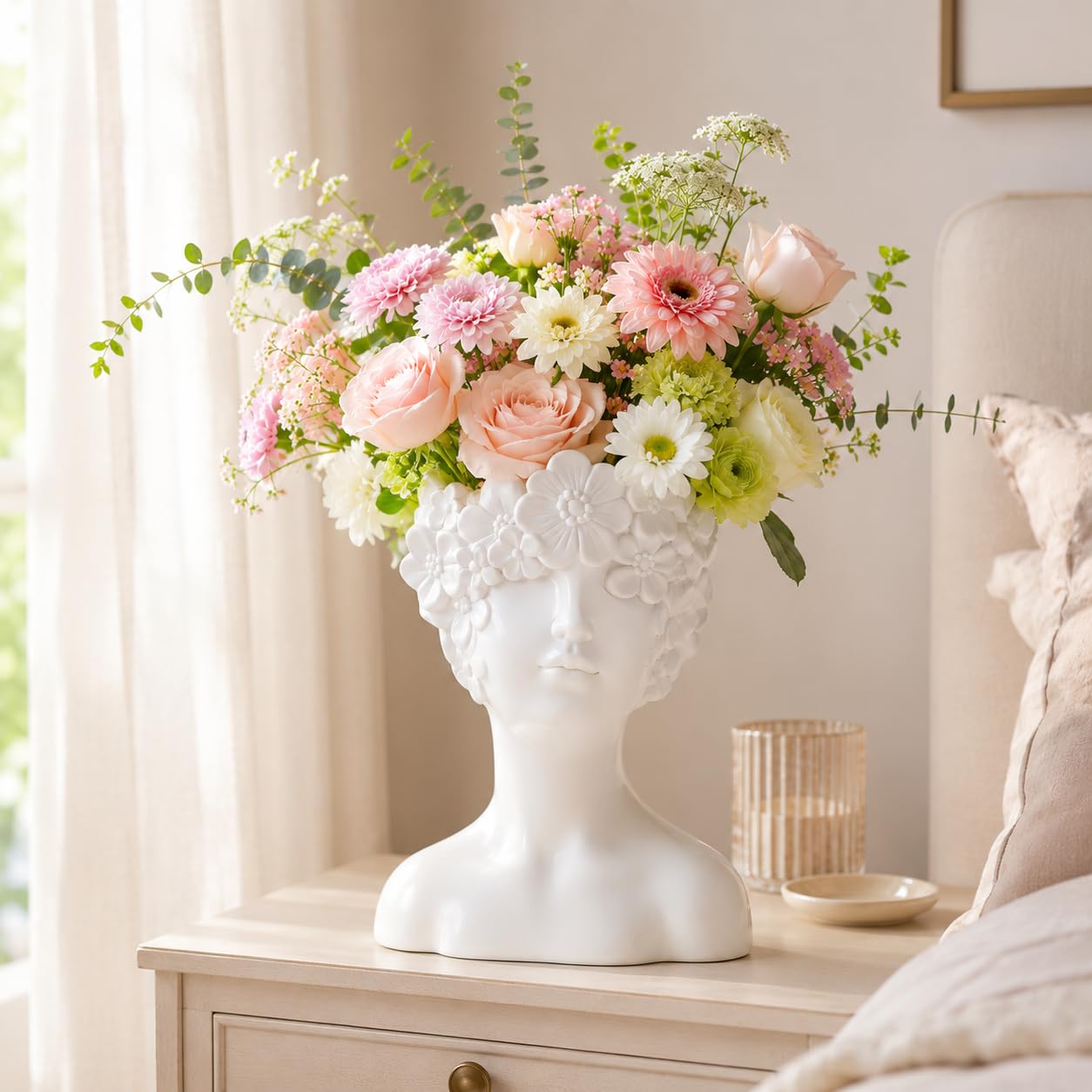 White Flower Vase,Face Vase Bust Head Shaped Ceramics Statue,Suitable for Birthday Gifts Home Office Decoration (Charming vase)
