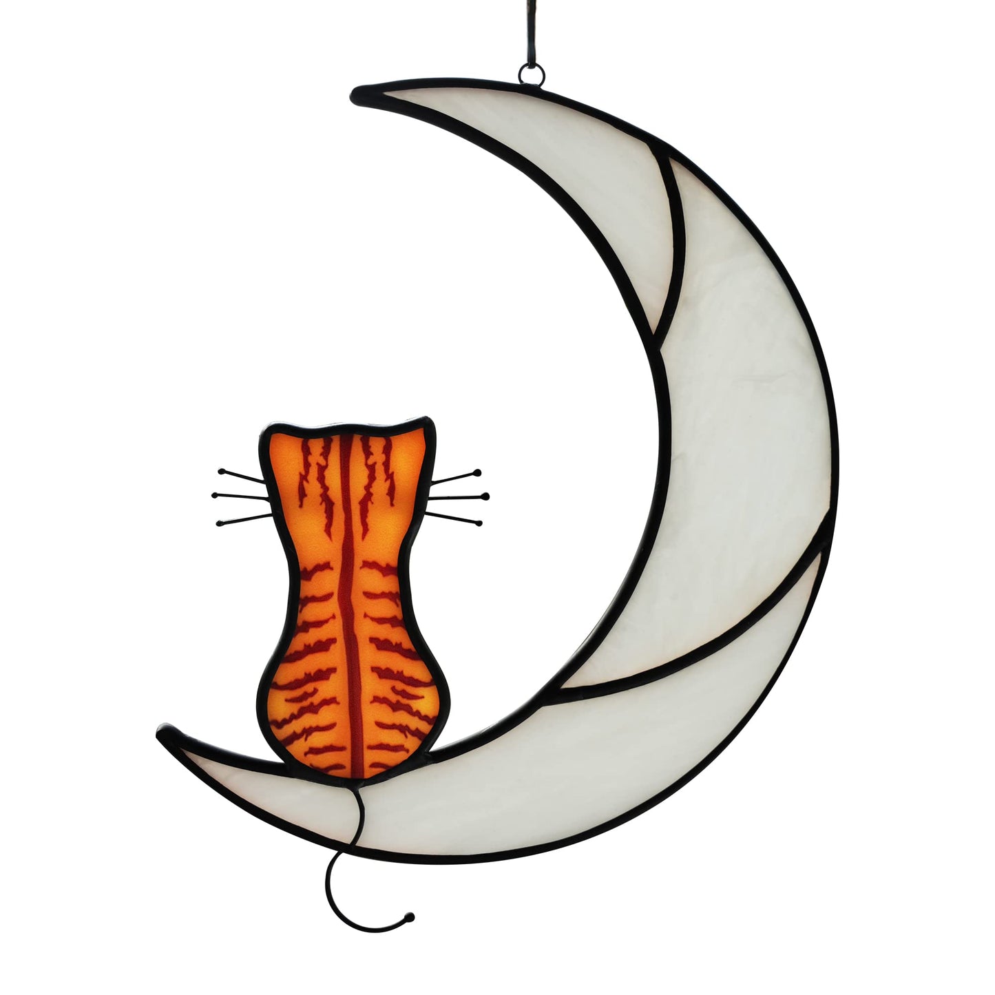 HAOSUM Stained Glass Orange Tabby Cat Decor, Handmade Cats on Moon Window Hanging Suncatcher – Perfect Cat Lover Gift for Living Room, Bedroom, Windows Decoration