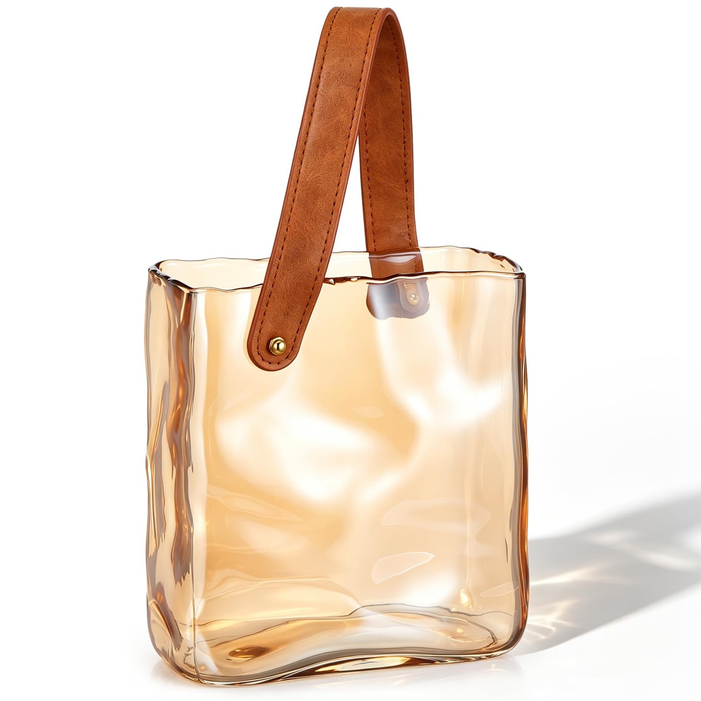 Amber Glass Purse Vase with Leather Handle, 7.5x6.7 Inch Cute Handbag Shape Flower Vase, Decorative Glass Vases for Flowers, Fish Bowl Centerpiece for Living Room, Dining Table, Wedding Decor