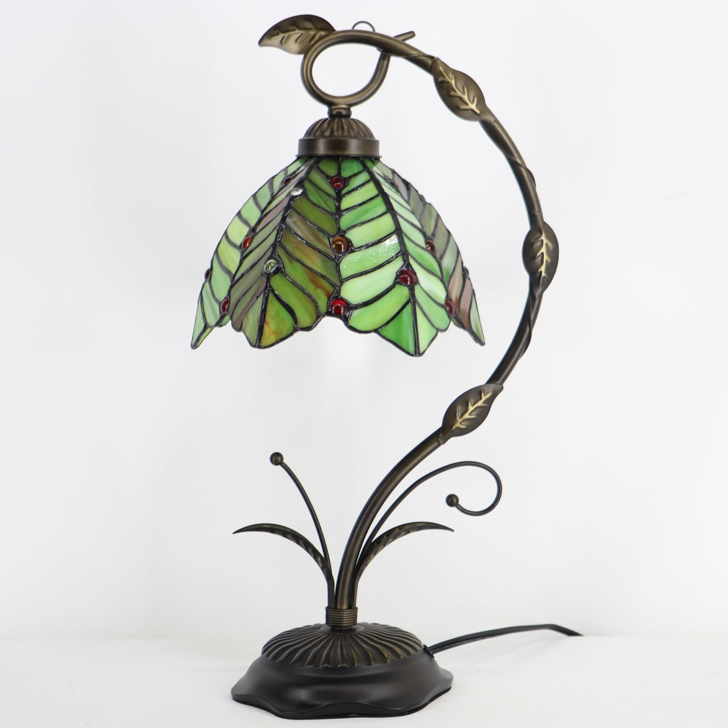 LXHCYOU Tiffany Table Lamp, Stained Glass Desk Reading Light, 8X10X19 Inches, Metal Leaf Base (Brown Green Leaf)