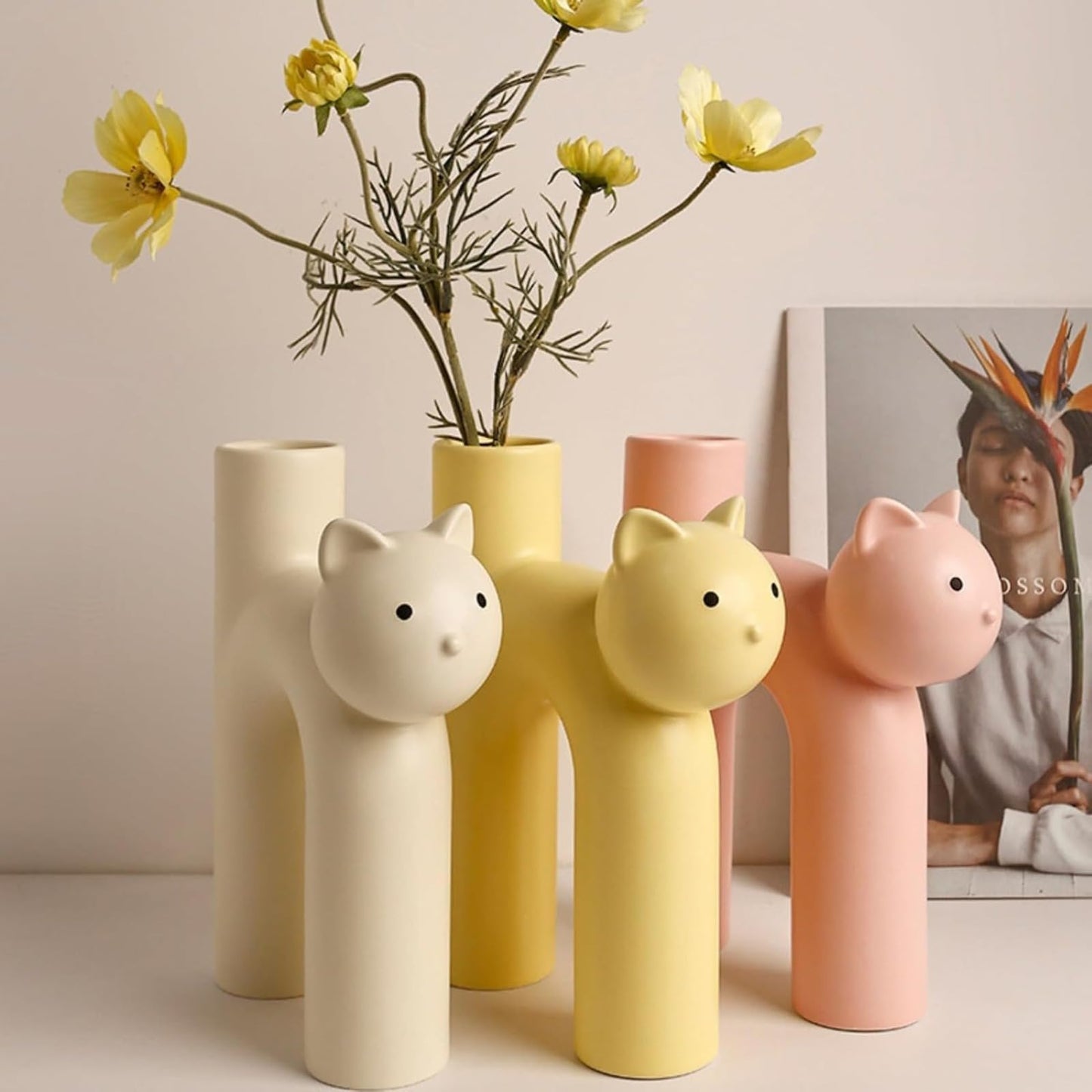 Cat Ceramic Vase Nordic U-Shape, Cute Cat Shaped Bud Vase Minimalist Boho Decor for Room Desk Shelf Entranceway Kitchen Table, Artistic Plant Holder (White)