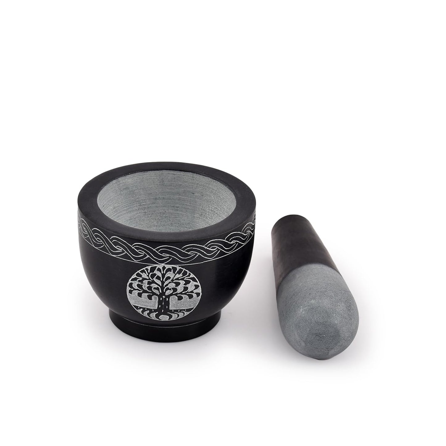 Samhita Tree of Life Natural Stone Mortar & Pestle Mortar Diameter- 3.75"x 2.75" Pestle-5" x 1.5"