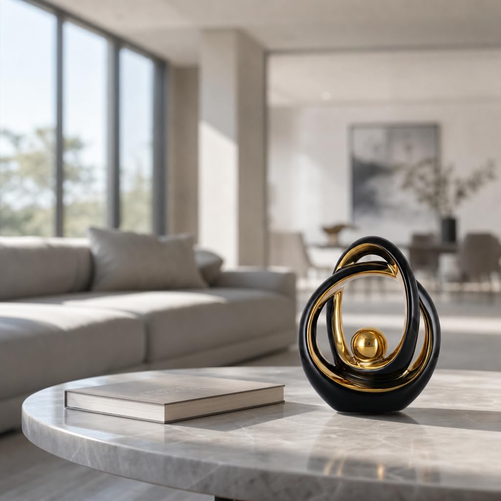 DOVDOV Black and Gold Ceramic Abstract Sculpture, Modern Tabletop Statue for Living Room Decor, Decorative Accent for Coffee Table, TV Stand, Mantel, Entryway Console