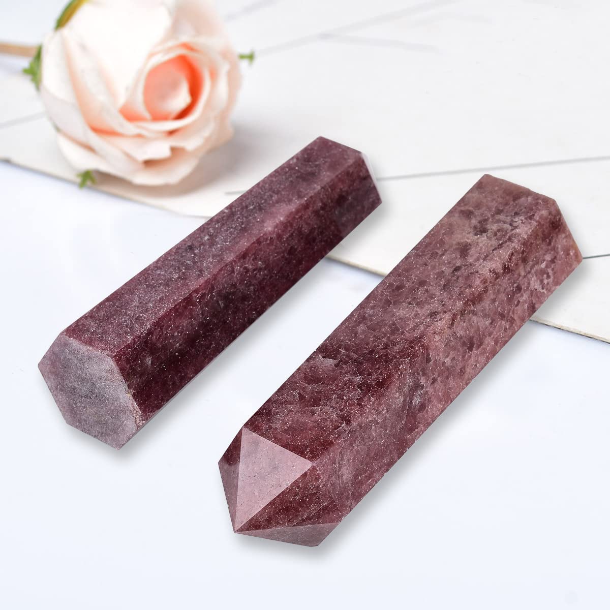 MOGEMT Large Strawberry Quartz Crystal Tower Natural Healing Crystal Point Wand Obelisk 6 Faceted Reiki Chakra Meditation Therapy Home Decor Gift 1.5-2 LBS