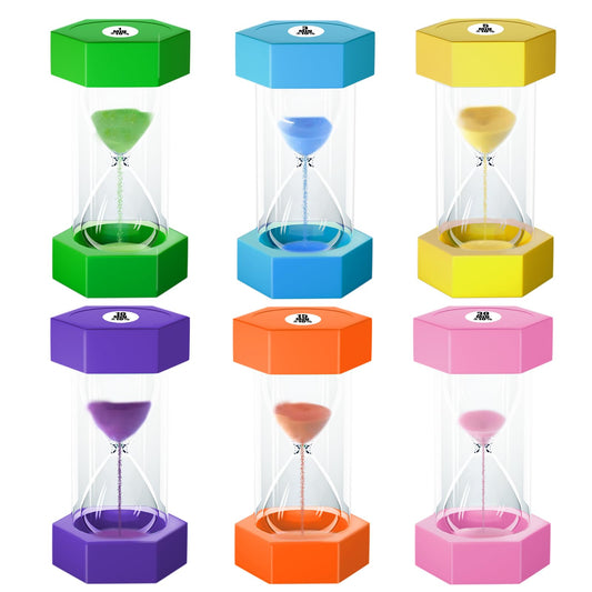 FOYOTO Hourglass Sand Timer for Kids, 1/3/5/10/15/30 Minutes Large Acrylic Unbreakable Visual Sand Clock Set, Colorful Sandglass for Classroom, Games, Office, Kitchen Decor (Pack of 6)