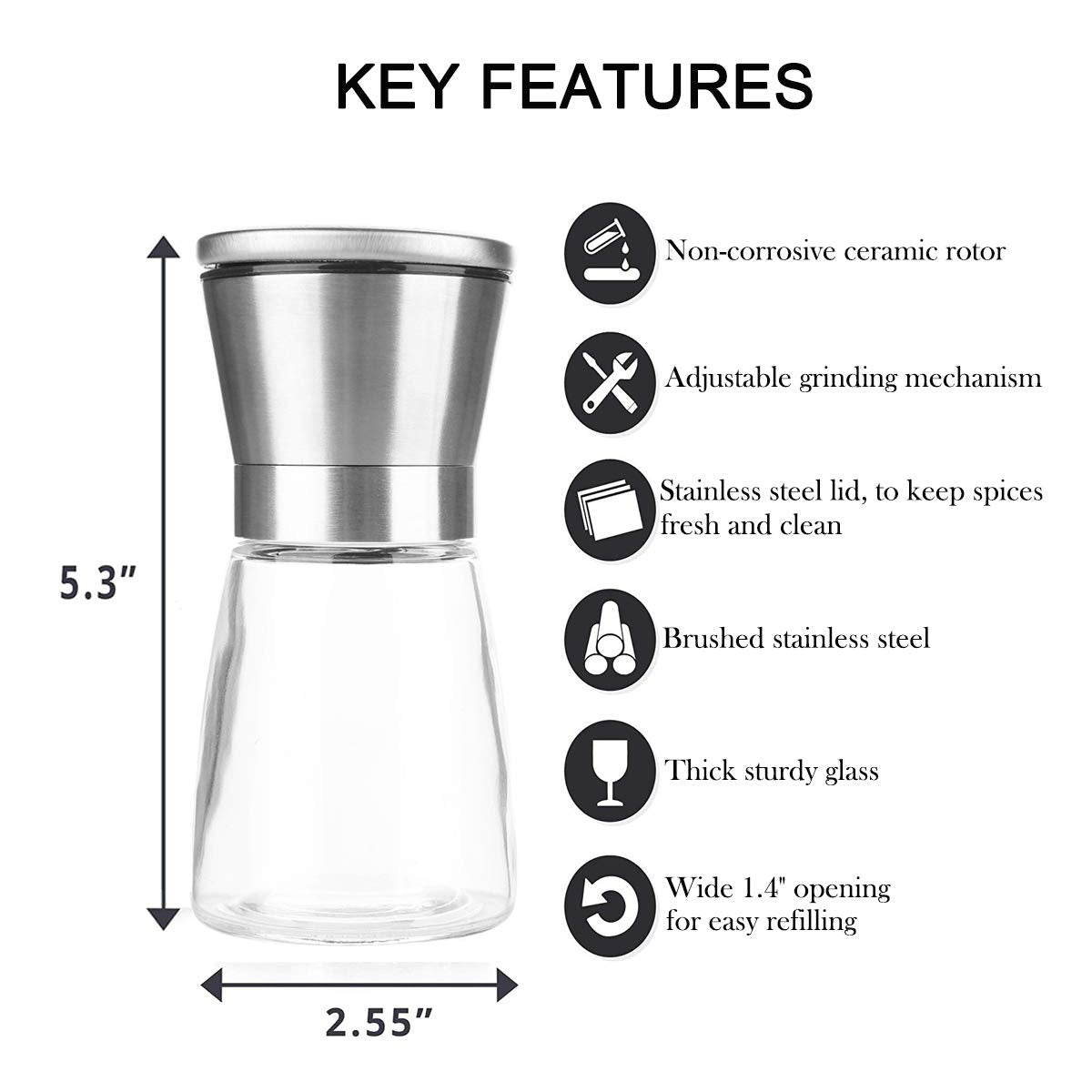 Salt and Pepper Grinder Set of 2, Premium Stainless Steel Spice Mill with Adjustable Coarseness, Ceramic Blades, Refillable Glass Body with 60Z capacity