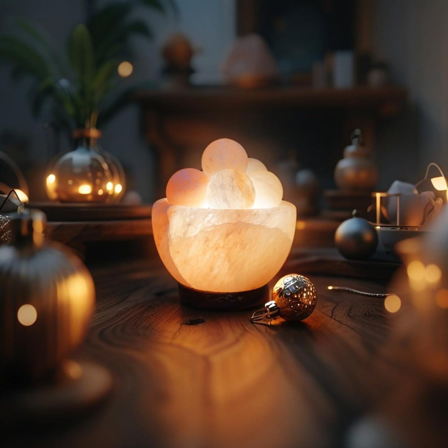 NatureBoost NB Himalayan Pink Salt Lamp Bowl with Salt Balls – Hand-Carved Crystal Rock Salt Lamp with Dimmer Switch & 2 Bulbs – Authentic from Pakistan – Soothing Amber Glow for Home & Office Décor