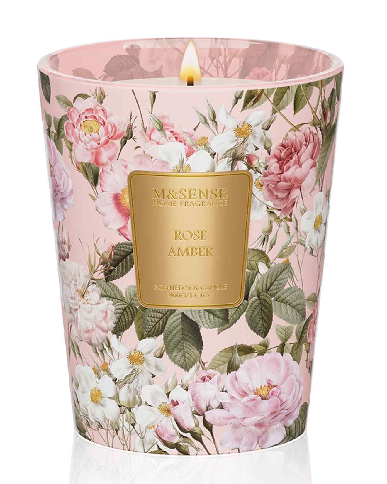 M&SENSE Rose Amber Scented Natural Soy Wax Candle, 14.1oz 60 Hours Long Lasting Slow Burning Candles for Home Decor, Aromatherapy Candle for Stress Relief