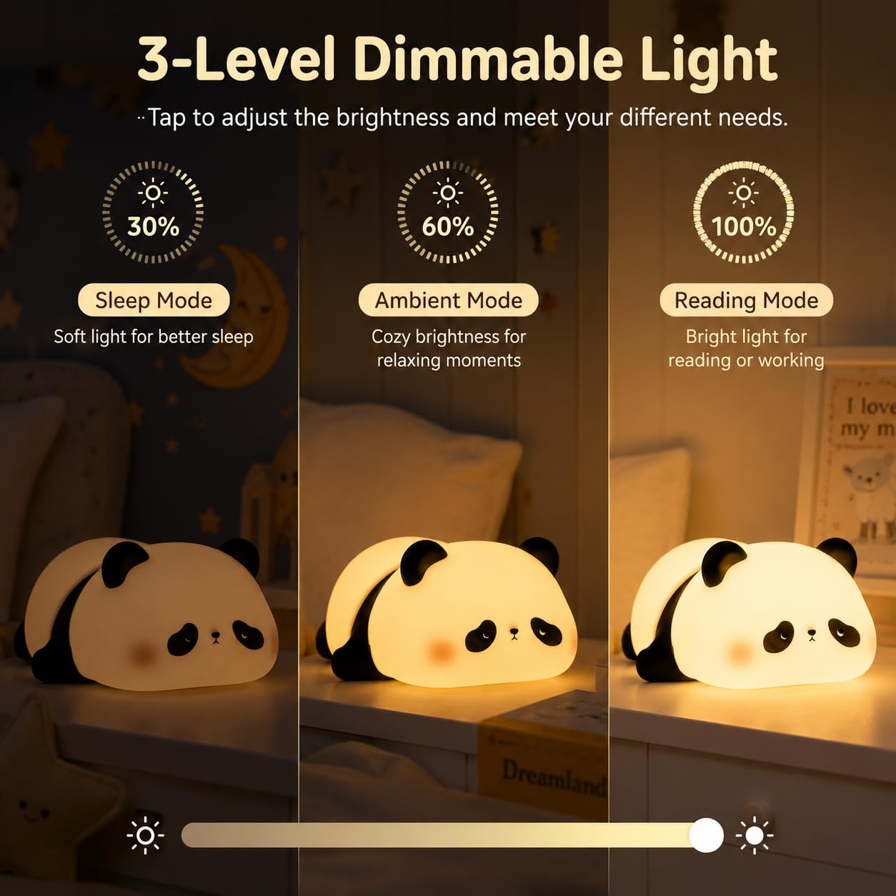 VidwanHome Cute Panda Night Light for Kids, Silicone Baby Squishy Lamp, 3-Level Dimmable Nursery Light for Bedroom, Rechargeable Portable Lamp, Desk Decor Birthday Christmas White Elephant Gift