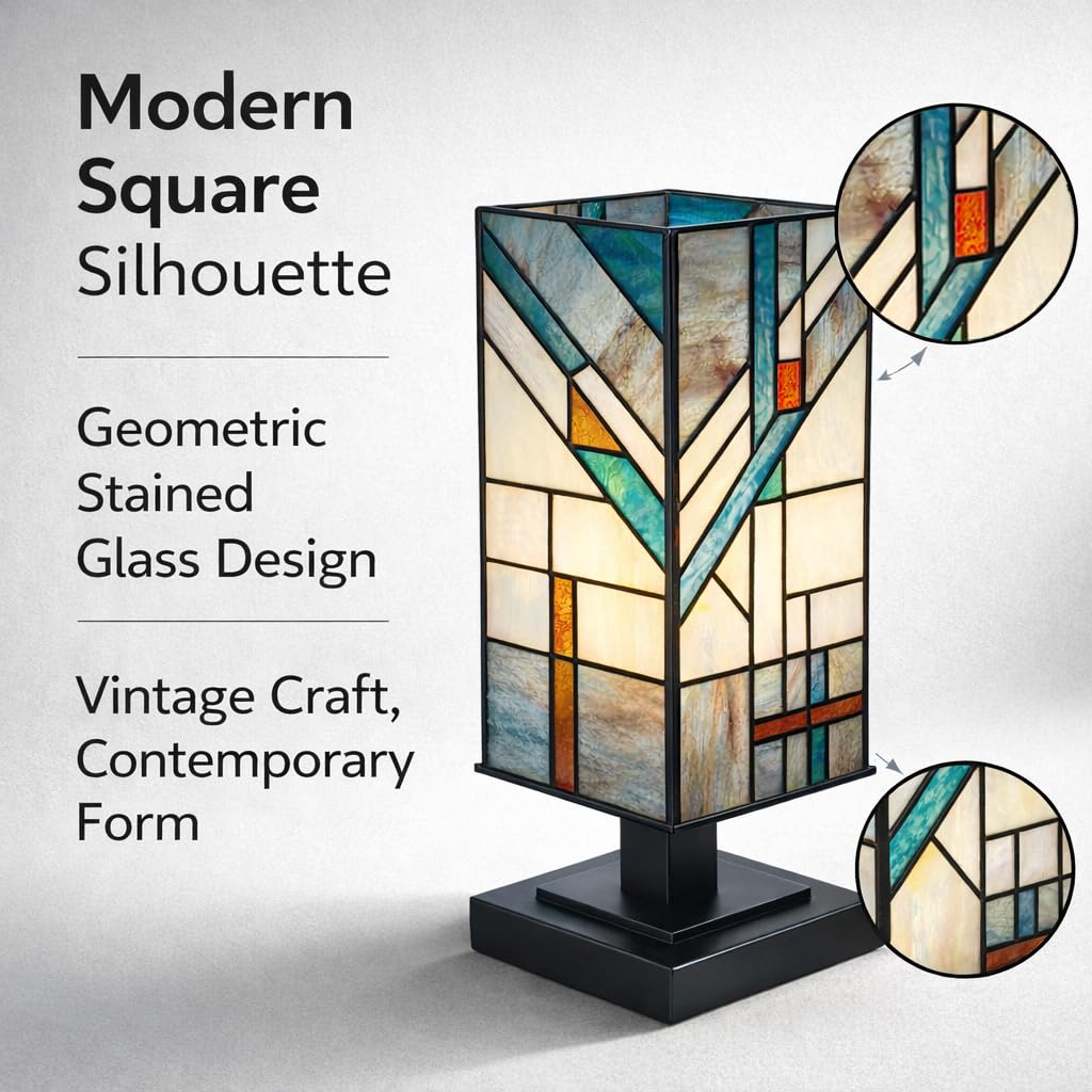 NOCTAVERA Tiffany-Style Table Lamp, Mission-Design Stained Glass
