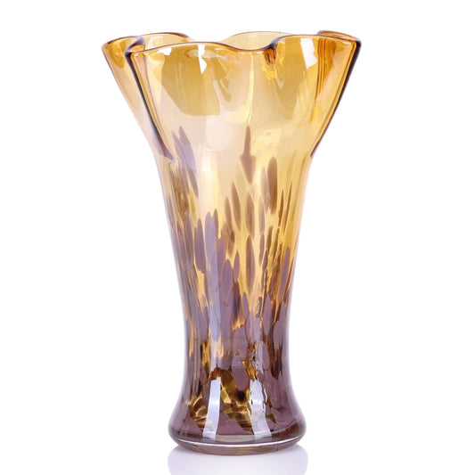 Hand Blown Glass Vase for Flowers, Murano Style Fluted Art Gold Amber Glass Vase, Wide Mouth Colorful Decorative Vase for Centerpieces, Home Decor for Living Room Dining Table Bookshelf Office