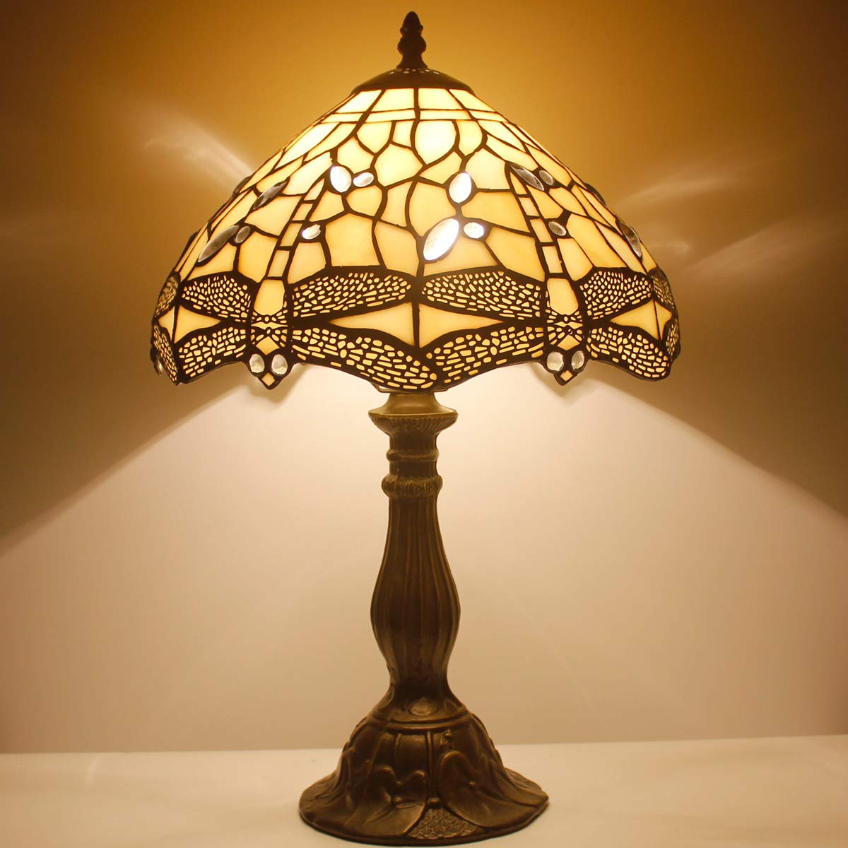 WERFACTORY Tiffany Lamp Cream Stained Glass Dragonfly Bedside Table Lamp