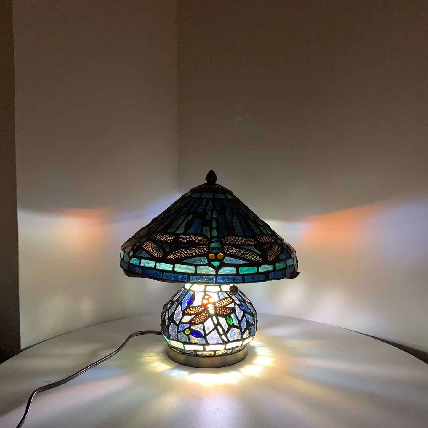 Bieye L10906 Tiffany Style Stained Glass Mushroom-Shaped Double Lit Table Lamp for Home Decor (10-inch, Blue Dragonfly)