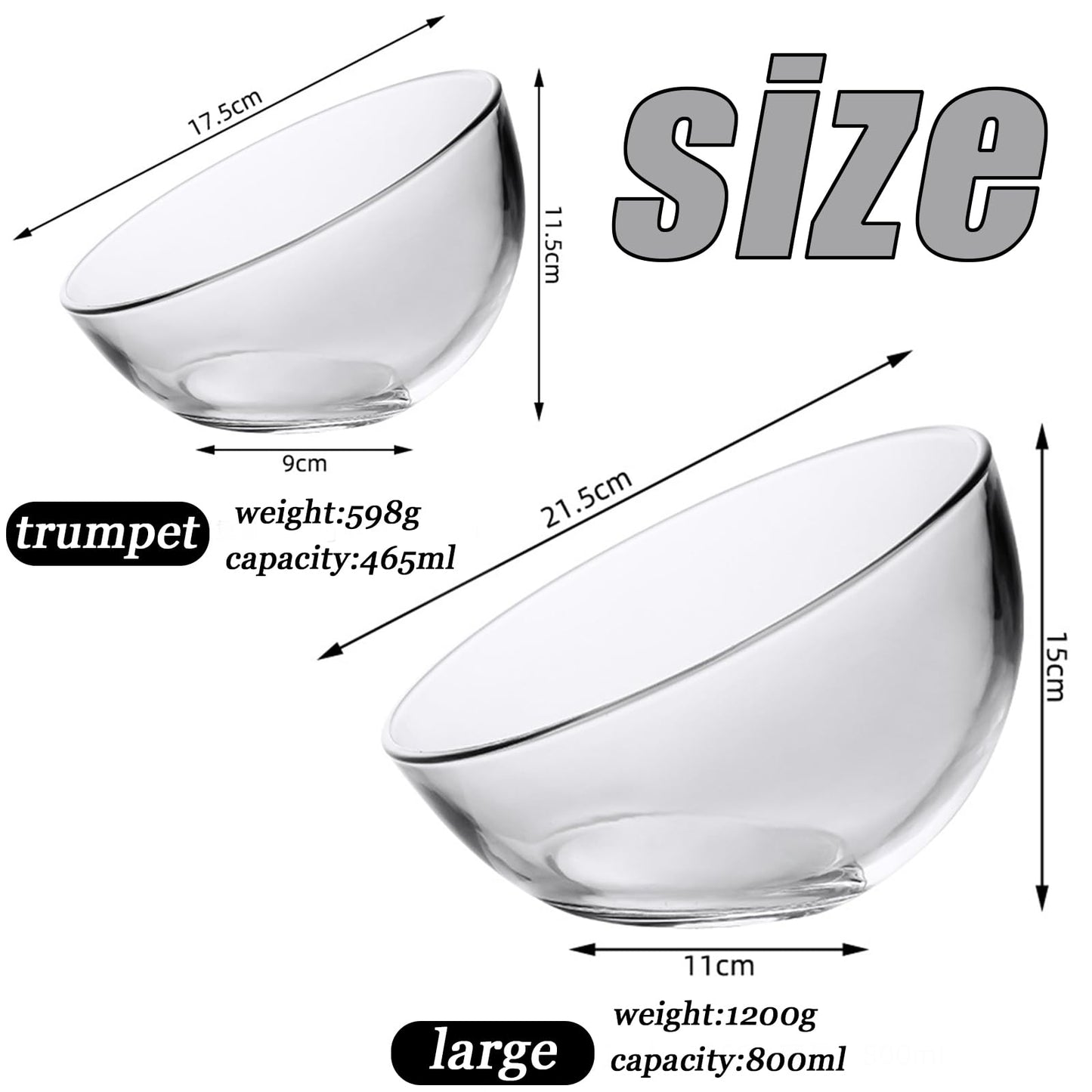 HNJZX Glass Prep Bowls,Clear Glass Slant Cut Tilted Angled Bubble Ball Decorative Serving Salad Bowl for Kitchen Microwave (800ML+450ML)