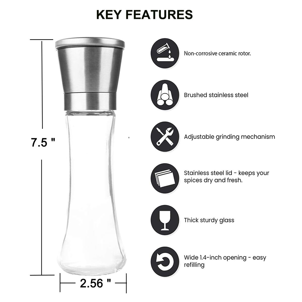 Elegant Pepper and Salt Grinder Set of 2, Best Spice Mill with Brushed Stainless Steel Cap, Ceramic Blades, Adjustable Coarseness, and Refillable Tall Glass Body with 6OZ Capacity (7.5").
