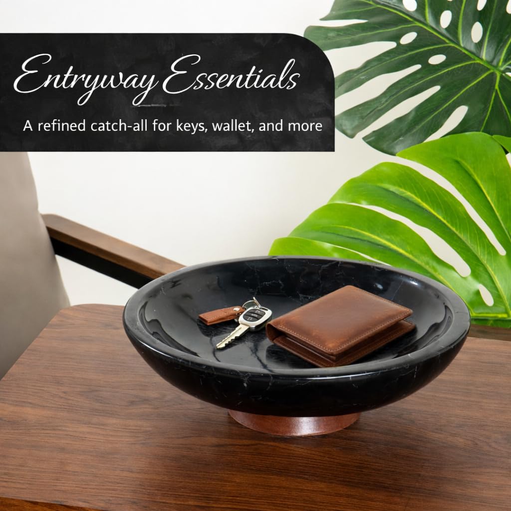 Decorative Marble Bowl Black - Handcrafted Natural Stone on Acacia Wood Pedestal - Versatile 10" Catch‑All Centrepiece for Home Decor - Entryway, Dining Table, Kitchen Fruit Bowl, Key Holder (Black)