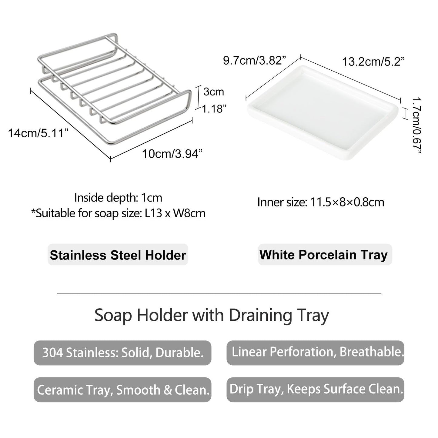 Shimoyama Stainless Steel Soap Dish with Drip Tray for Bathroom Sink, Kitchen and Shower - Quick Drying Soap Holder Keeps Counter Clean and Organized