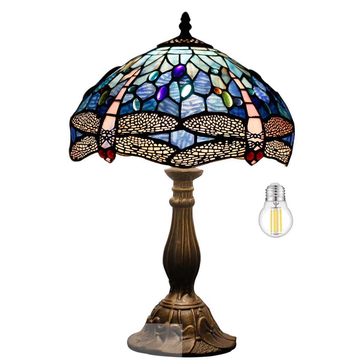 WERFACTORY Tiffany Table Lamp Blue Stained Glass Dragonfly Style Desk Light