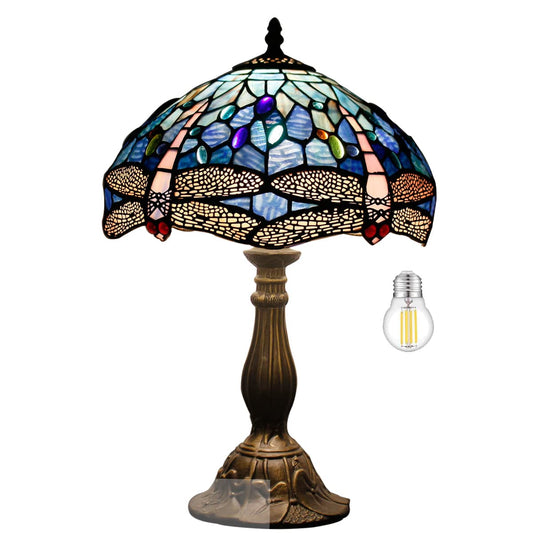 WERFACTORY Tiffany Table Lamp Blue Stained Glass Dragonfly Style Desk Light