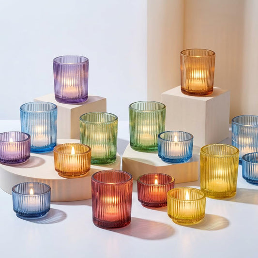 Glasseam Colored Votive Candle Holders: Set of 24 Glass Ribbed Tealight Candle Holder Bulk 6 Colors Vintage Small Tea Light Holders Wedding Centerpieces for Tables Christmas Home Party Decorations