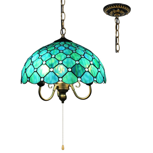 TFNTCYG Tiffany Pendant Light, Sea Blue Pearl Style Stained Glass Lamp, 16'' Wide 3-Light Inverted Ceiling Pendant Lights for Living Dining Room Kitchen Bedroom Entryway