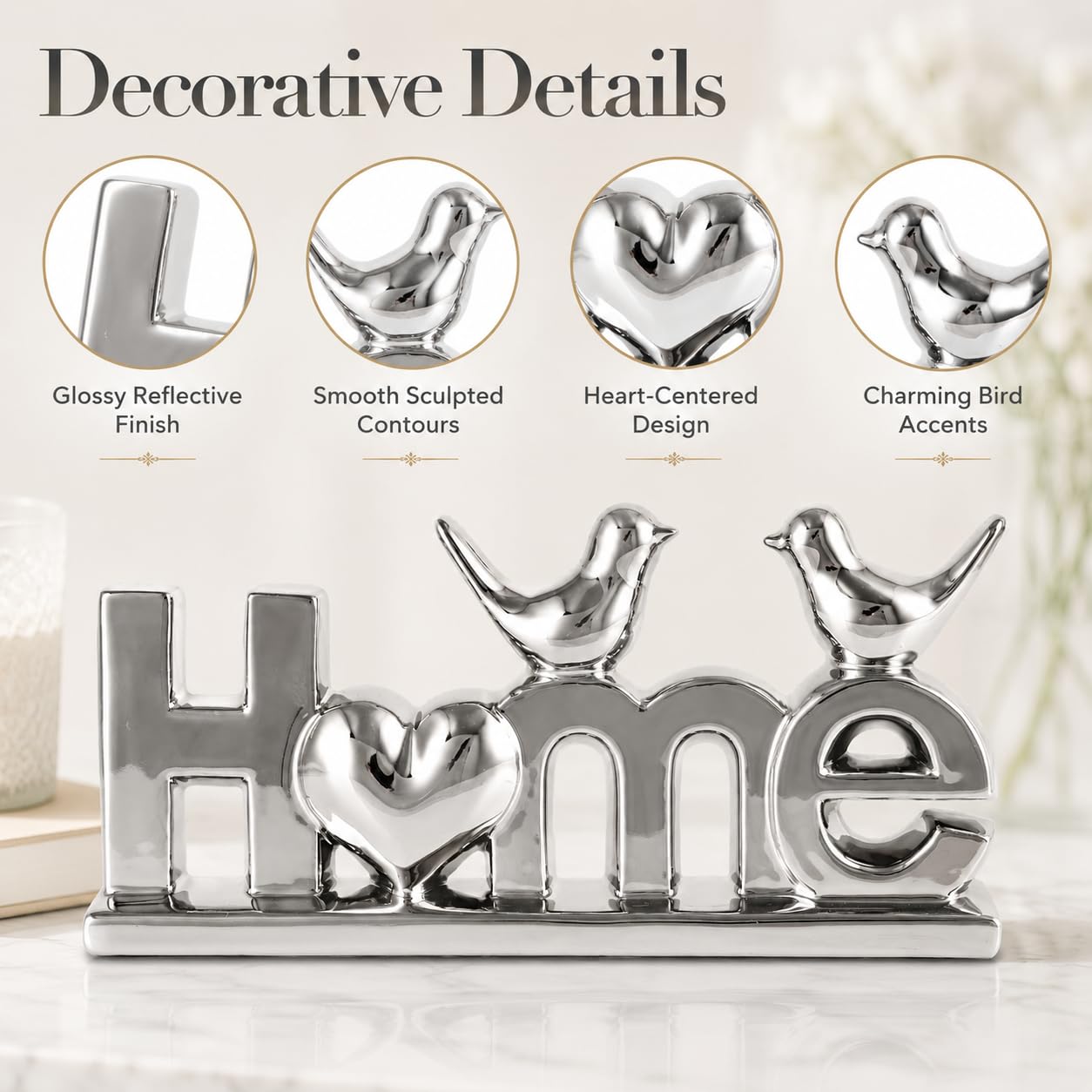 Ceramic LOVE Letter Decor with Bird Statues,Modern Silver Sculpture Optimized for TV Stand & Floating Shelf,Sophisticated Tabletop Ornament,Romantic Anniversary & Wedding Gift for Couples (Silver)