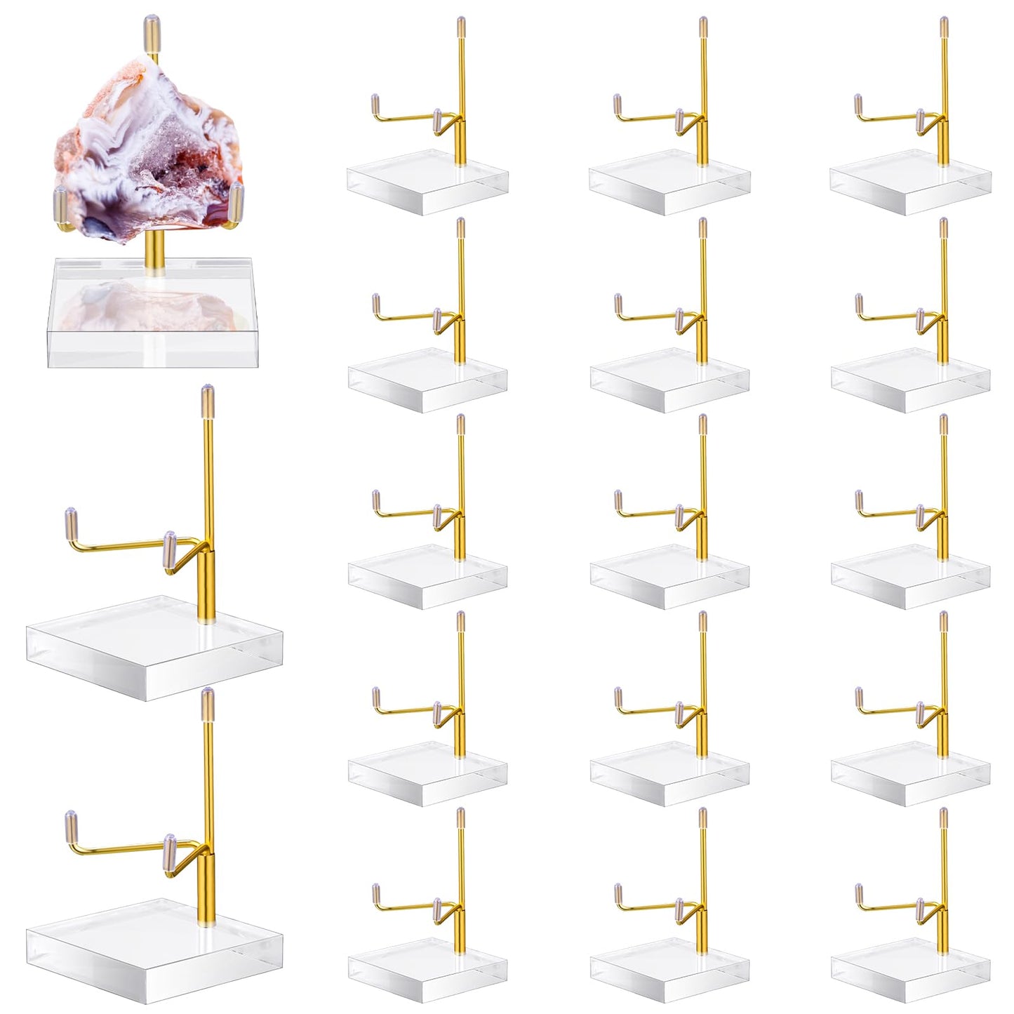 RattanView 16 Pcs Crystal Holder Easel Display Adjustable Metal Arm Display Stand with Acrylic Base Easel Rock Mineral Stand for Gemstone Fossils Geodes Mineral Agate Collection(Gold)