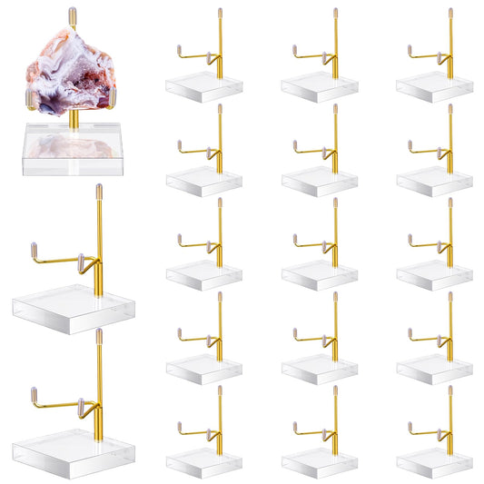 RattanView 16 Pcs Crystal Holder Easel Display Adjustable Metal Arm Display Stand with Acrylic Base Easel Rock Mineral Stand for Gemstone Fossils Geodes Mineral Agate Collection(Gold)
